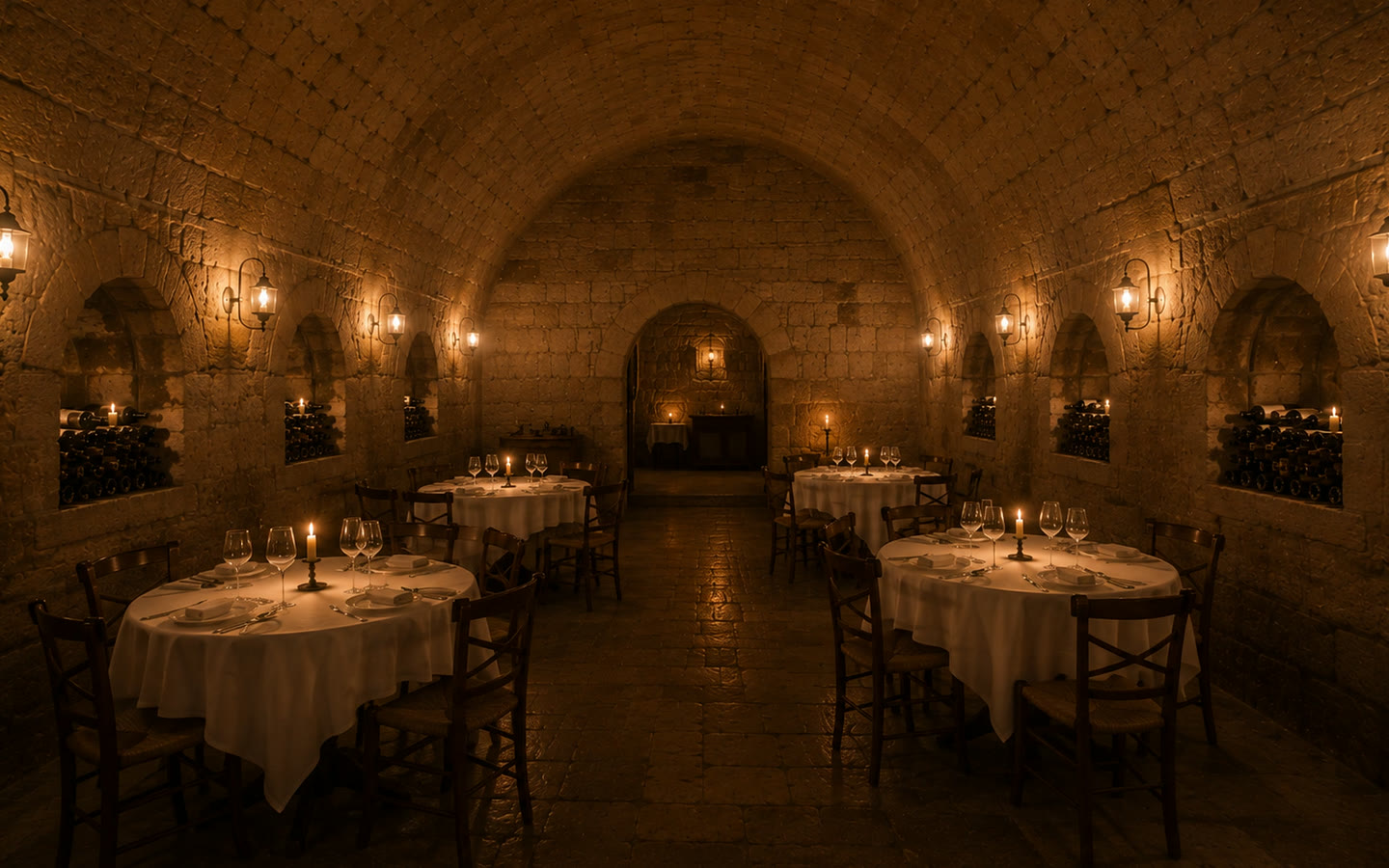Capture de la démo « Cellier » : la salle voûtée d’une table gastronomique, dressée en pénombre